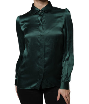 Dolce &amp; Gabbana Dark Green Silk Button Down Long Sleeves Blouse Top