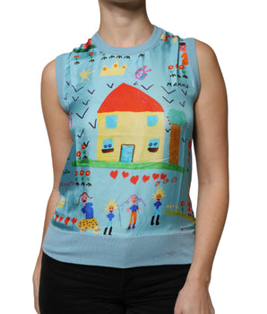 Dolce &amp; Gabbana Blue Drawing Cashmere Sleeveless Tank Top