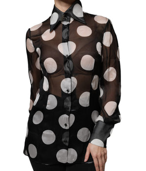 Dolce &amp; Gabbana Black White Polka Dots Silk Long Sleeves Top