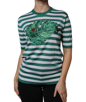 Dolce &amp; Gabbana White Green Stripe Leaf Crew Neck T-shirt