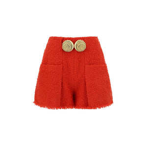 Balmain 2 Pkts Btn Escargot Belted Tweed Shorts