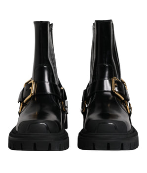 Dolce &amp; Gabbana Black Leather Slip On Stretch Trekking Boots Shoes