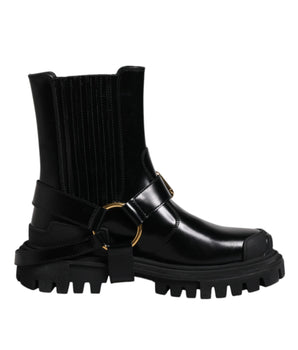 Dolce &amp; Gabbana Black Leather Slip On Stretch Trekking Boots Shoes