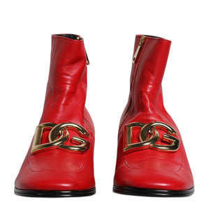 Dolce & Gabbana Red Leather Logo Chelsea Ankle Boots Shoes