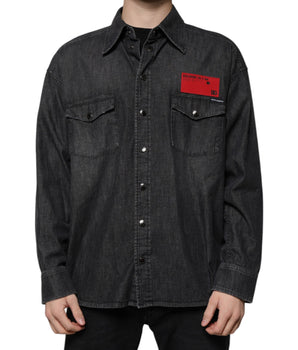 Dolce &amp; Gabbana Black Logo Cotton Button Down Denim Shirt