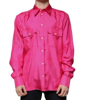 Dolce &amp; Gabbana Pink Silk Collared Button Down Men Shirt