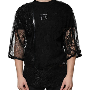 Dolce &amp; Gabbana Black Nylon Floral Lace Crew Neck T-shirt