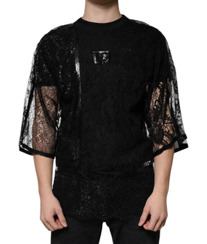 Dolce &amp; Gabbana Black Nylon Floral Lace Crew Neck T-shirt