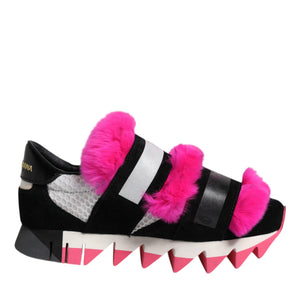 Dolce & Gabbana Black Pink Fur Embellished Sneakers Shoes