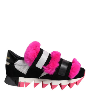 Dolce &amp; Gabbana Black Pink Fur Embellished Sneakers Shoes