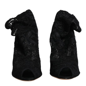 Dolce & Gabbana Black Lace Stretch Heels Mid Calf Boots Shoes