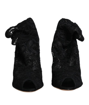 Dolce &amp; Gabbana Black Lace Stretch Heels Mid Calf Boots Shoes