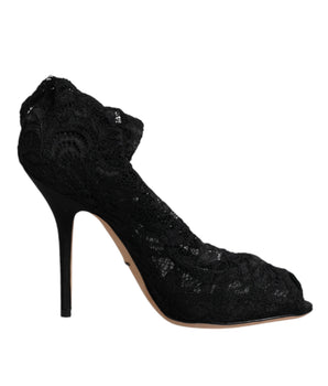 Dolce &amp; Gabbana Black Lace Stretch Heels Mid Calf Boots Shoes