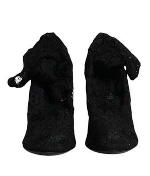 Dolce & Gabbana Black Lace Stretch Heels Mid Calf Boots Shoes
