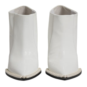 Dolce & Gabbana White Faux Pearl Leather Pointed Toe Ankle Boot Shoes