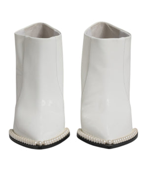 Dolce &amp; Gabbana White Faux Pearl Leather Pointed Toe Ankle Boot Shoes