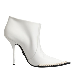 Dolce & Gabbana White Faux Pearl Leather Pointed Toe Ankle Boot Shoes