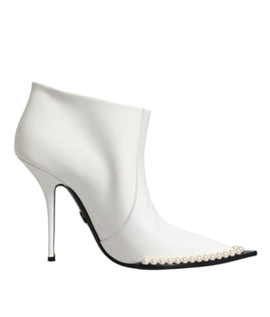 Dolce &amp; Gabbana White Faux Pearl Leather Pointed Toe Ankle Boot Shoes