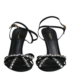 Dolce & Gabbana Black Leather Crystal Bow KEIRA Sandals Shoes