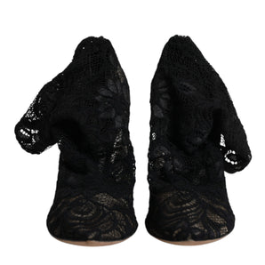 Dolce & Gabbana Black Lace Stretch Heels Mid Calf Boots Shoes