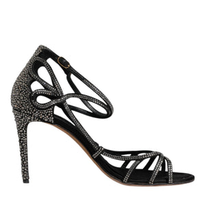 Dolce & Gabbana Black Strass Ankle Strap Heels Sandals Shoes