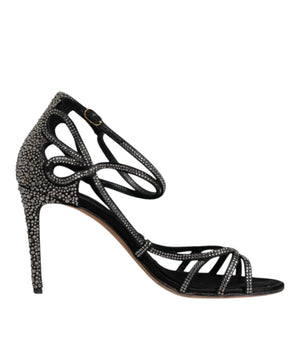 Dolce & Gabbana Black Strass Ankle Strap Heels Sandals Shoes