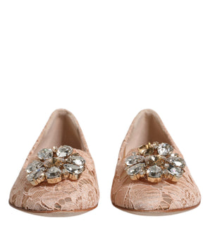 Dolce & Gabbana Beige Lace Crystal Ballet Flats Loafers Shoes