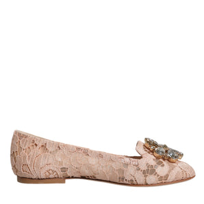 Dolce & Gabbana Beige Lace Crystal Ballet Flats Loafers Shoes