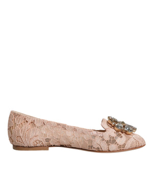 Dolce & Gabbana Beige Lace Crystal Ballet Flats Loafers Shoes