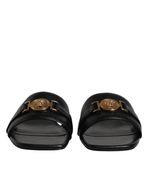 Versace Black Leather Logo Plaque Slip On Slides Flats Shoes