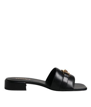 Versace Black Leather Logo Plaque Slip On Slides Flats Shoes