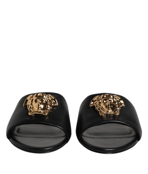 Versace Black Leather Logo Plaque Slip On Slides Flats Shoes