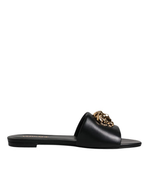 Versace Black Leather Logo Plaque Slip On Slides Flats Shoes