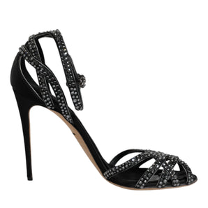 Dolce & Gabbana Black Strass Ankle Strap Heels Sandals Shoes