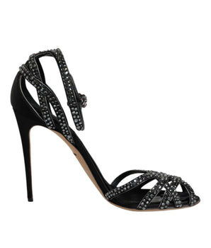 Dolce & Gabbana Black Strass Ankle Strap Heels Sandals Shoes