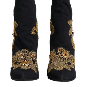 Dolce & Gabbana Black Gold Embroidery Slip On Boots Shoes