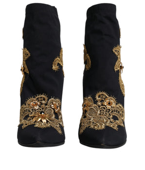 Dolce &amp; Gabbana Black Gold Embroidery Slip On Boots Shoes