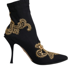 Dolce & Gabbana Black Gold Embroidery Slip On Boots Shoes