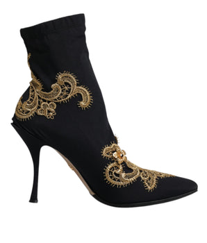 Dolce &amp; Gabbana Black Gold Embroidery Slip On Boots Shoes