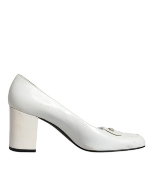 Dolce &amp; Gabbana White Leather Block Heels Pumps Shoes