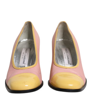 Dolce &amp; Gabbana Pink Yellow Leather Block Heels Pumps Shoes