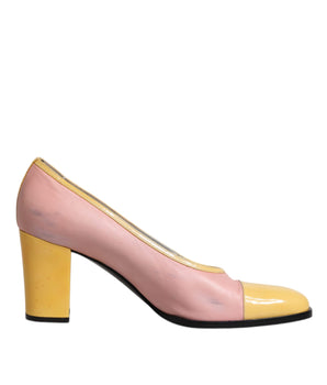 Dolce &amp; Gabbana Pink Yellow Leather Block Heels Pumps Shoes
