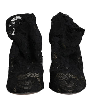 Dolce &amp; Gabbana Black Lace Stretch Heels Mid Calf Boots Shoes