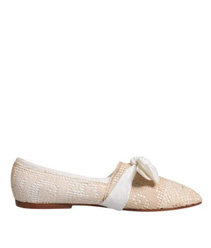 Dolce &amp; Gabbana Beige Ribbon Fabric Ballerina Flats Shoes