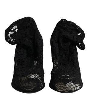 Dolce &amp; Gabbana Black Lace Stretch Heels Mid Calf Boots Shoes