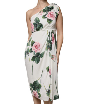 Dolce &amp; Gabbana White Floral Silk One Shoulder Midi Dress