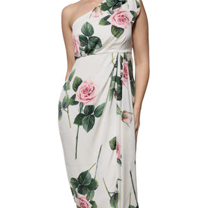 Dolce & Gabbana White Floral Silk One Shoulder Midi Dress