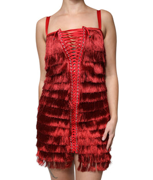 Dolce &amp; Gabbana Red Lace Tassel Sleeveless Sheath Mini Dress