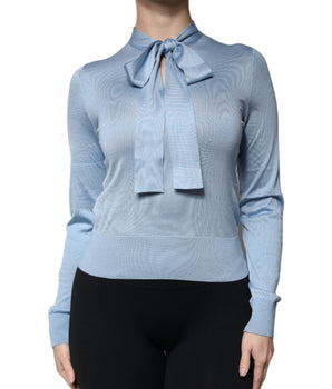 Dolce &amp; Gabbana Blue Silk Knit Pullover Ascot Collar Top