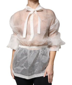 Dolce &amp; Gabbana White Ascot Collar Long Sleeves Blouse Top